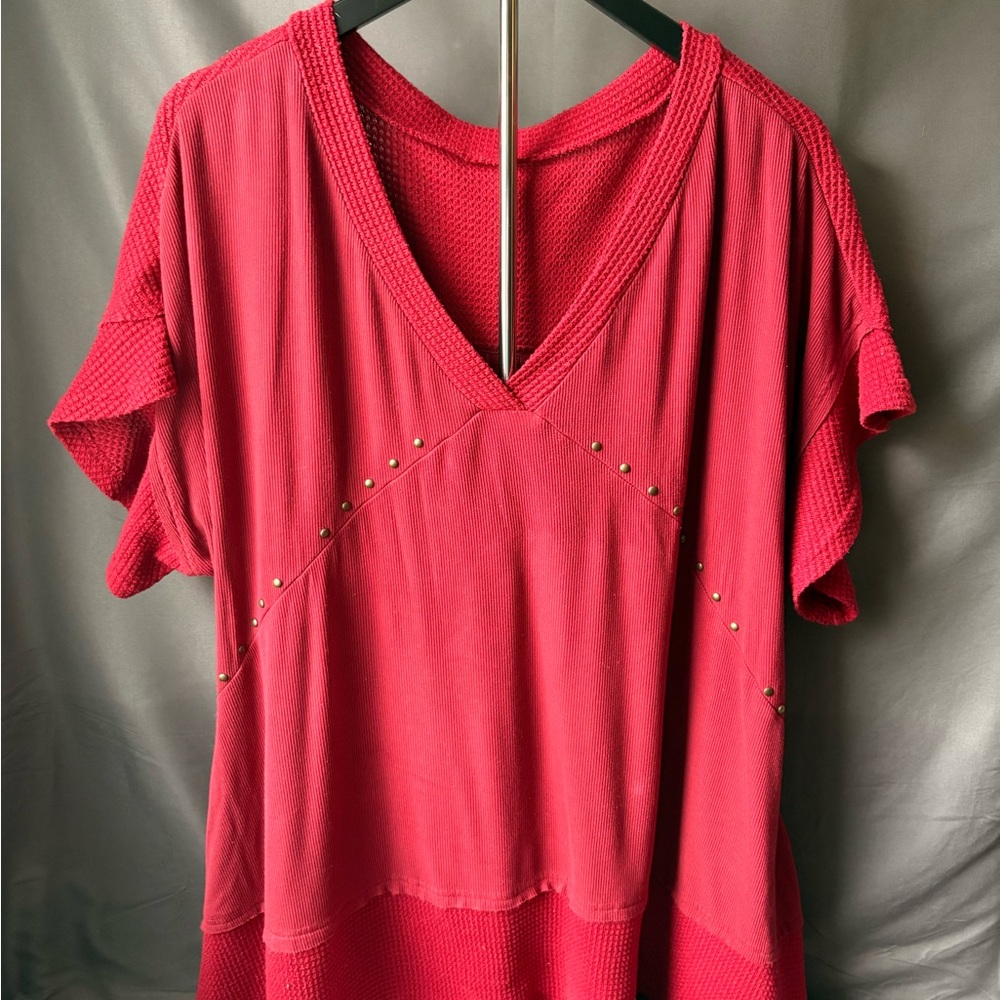 Oversized Tiered Waffle Knit Tunic Top with Studs - Red/Mauve - Size XL